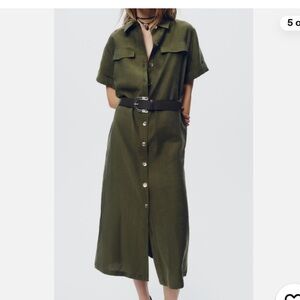 Zara NWT Olive Green Button-Up Shirt Dress with belt size Medium